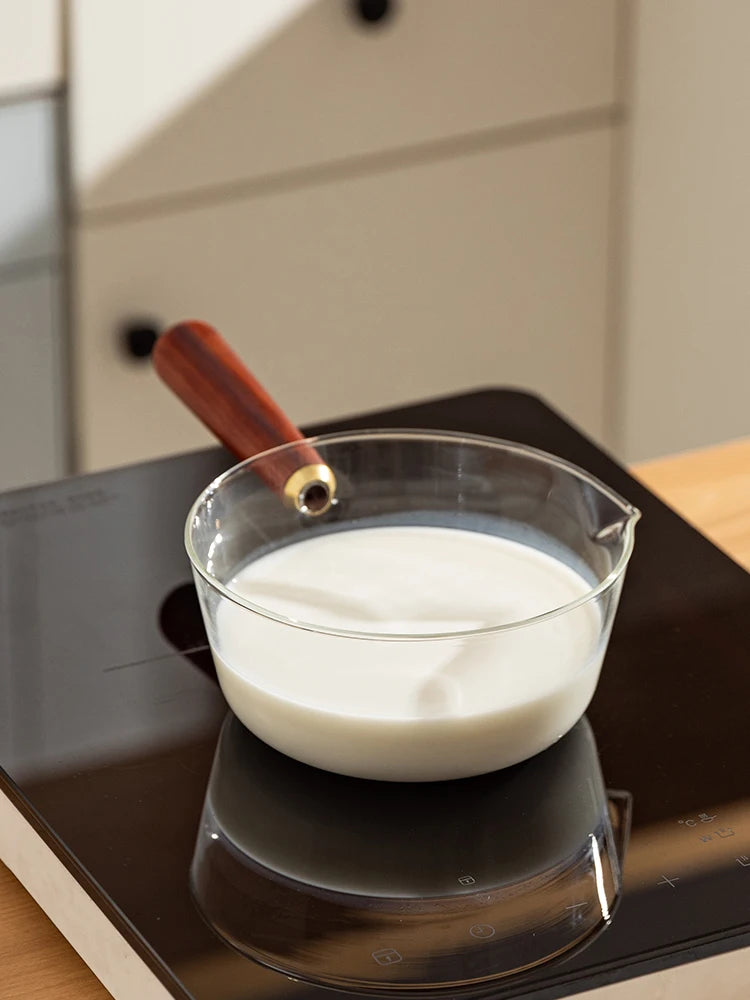 YWDL Milchtopf Glas Holzgriff - 450/650ml Antihaft Herd