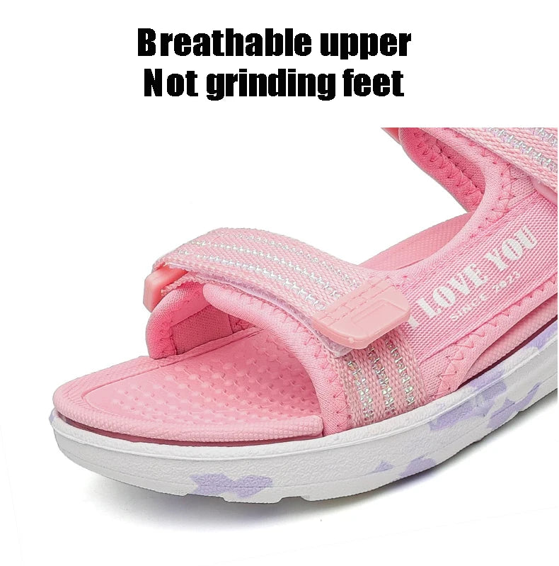 Sandalen Mädchen 2025 - Weiche Sohlen Casual Schuhe Modische Prinzessin - Neue Blumen Rosa Flache Schuhe Rutschfest Strand Kinder 7-13J
