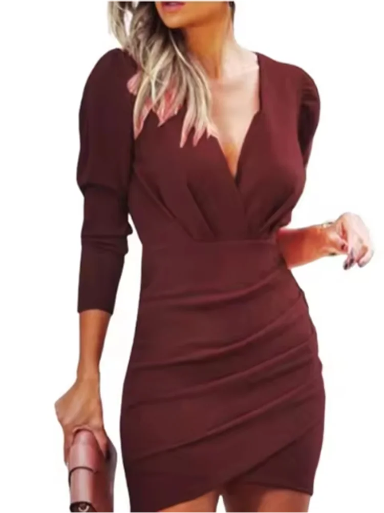 INPETALCN Kleid Falten V-Ausschnitt - Knie-Länge Polyester