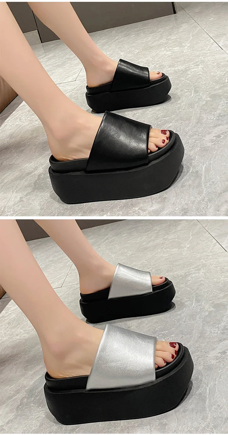 Summer Women Slippers Ladies Beach Flip-Flops Chunky Leather Shoes Wedges Heels Outside Sandals Woman High Platform Slippers 8CM