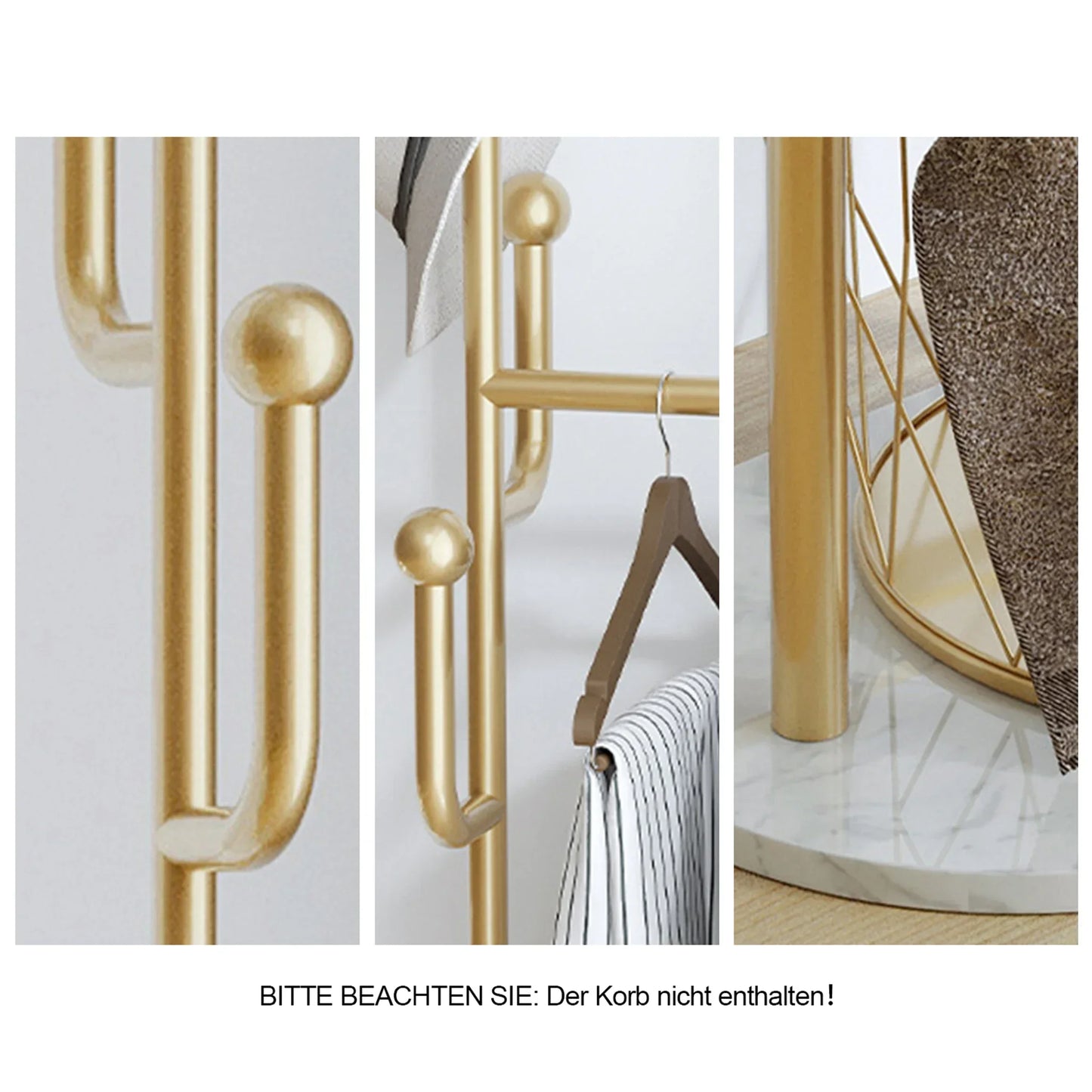 Kleiderständer, Goldener Garderobenständer mit 6 Haken, Freistehender Kleiderständer, Kleiderstange aus Metall