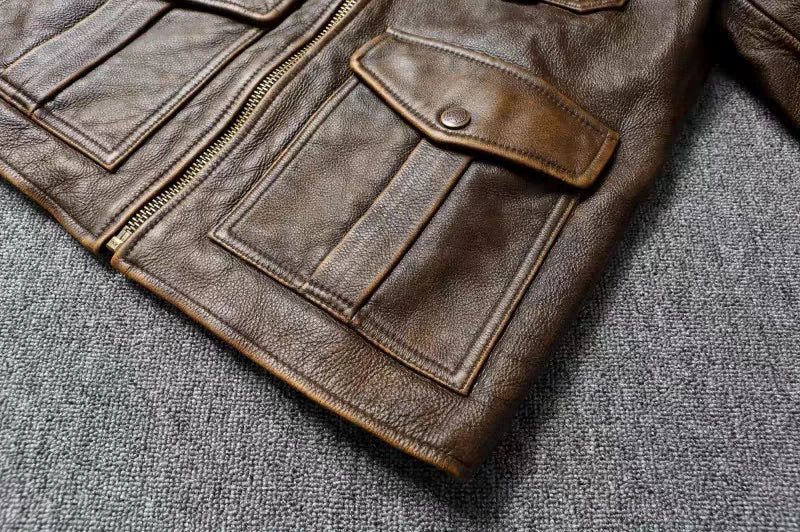 Men's Genuine Leather Jacket Natural Cowhide Hunting Jacket First Layer Cowhide American Retro Motorcycle Jacket Short Jacket