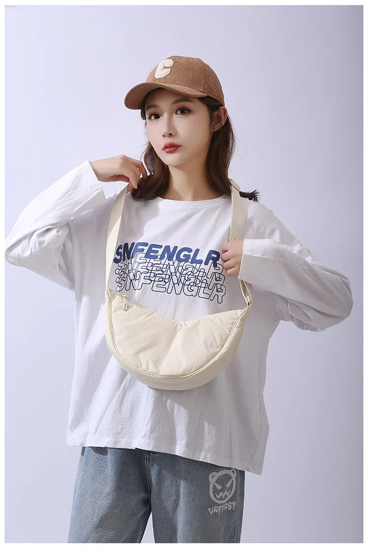 Solid Color Women's Portable Shoulder Bag Simple Female Nylon Cloth Padded Crossbody Bags Travel Purse Handbags Messenger Bag