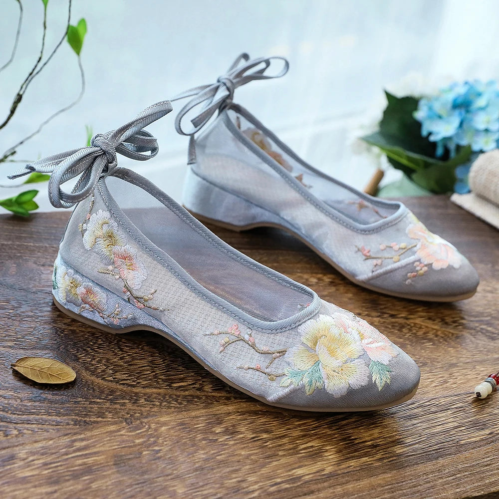 Ballerinas 2025: Veowalk Long Ankle Strap Summer Women Gauze Mesh - Embroidered Ballet Flats Breathable Comfortable Walking Shoes Elegant Lady Collection