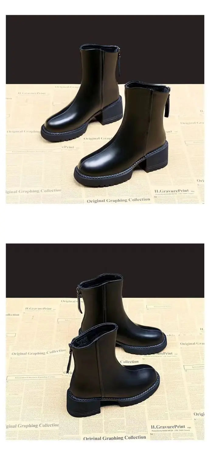 Ghete Nebula cu toc gros - înălțimea tocului 3-5 cm, închidere cu fermoar, căptușeală scurtă de pluș