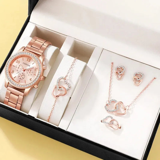 RoséLuxe 6er Set Roségold Schmuckuhr- Strass 38mm Edelstahl
