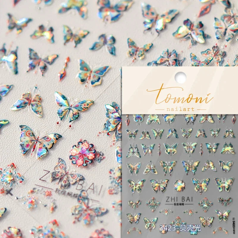 Fantasy Shiny Shell Light Butterfly Rhinestone Bohemia Hot 5D Soft Embossed Relief Nail Art Sticker 3D Decal Decoration Manicure