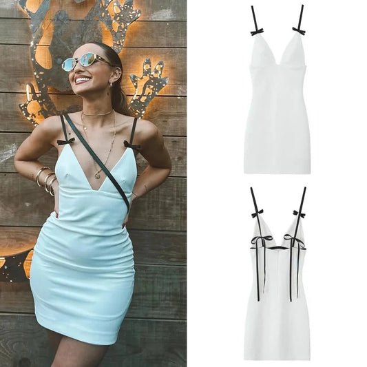 Elegant Women Dresses with Bow Mini Dress Outfits Backless Sleeveless Fashion Summer Suspenders Dresses 2024 High Street