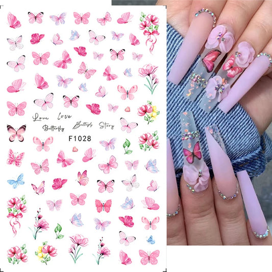 New Spring Fresh Flowers Butterfly 3D Nail Stickers Colorful Laser Butterflies Geometric Pattern Stickers Nail Decoration 1PCS