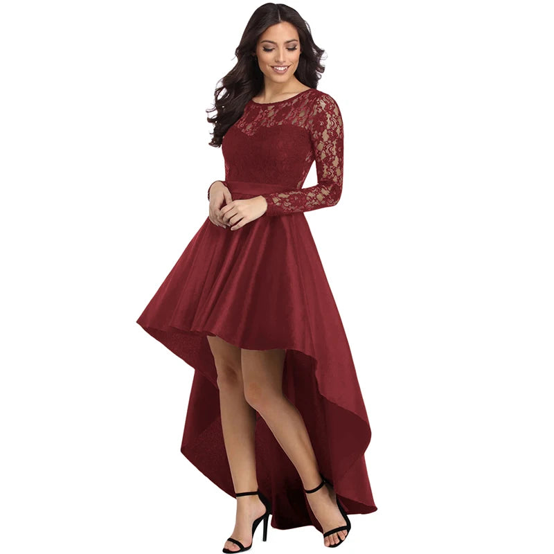 New Spring Elegant Dresses for Women Long Sleeve Lace High Low Satin Prom Evening Dress Cocktail Party Gowns Vestido Feminino