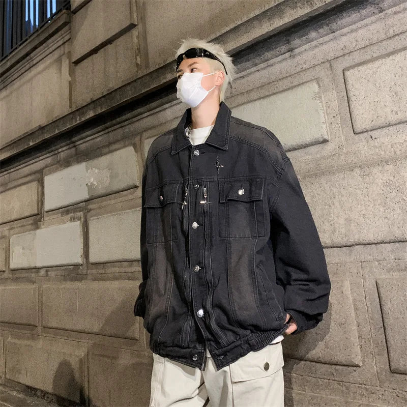 Washed Black Cargo Denim Jacket Men Baggy Zip Up Distressed Outerwear American High Street Blue Loose Casual Jeans Jacket