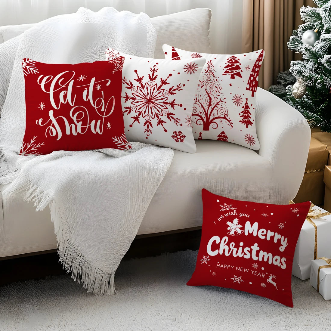 Red Christmas Decoration Pillowcase Printed Polyester 40/45/50cm Throw Pillowcover Decorative Sofa Cushion Pillowslip Home Decor
