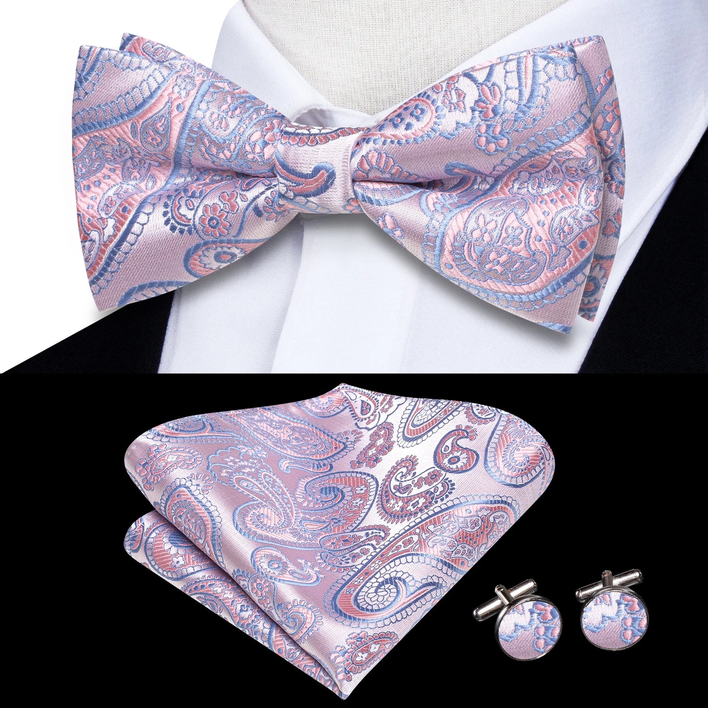 Hi-Tie Peach Pink Salmon Silk Mens Bow Tie Pocket Square Cufflinks Set Pre-tied Butterfly Knot Bowtie for Male Wedding Business