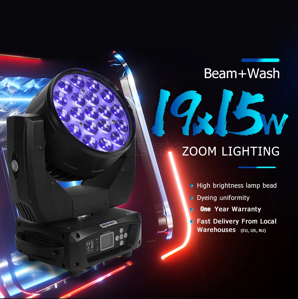 SHEHDS LED Zoom 19x15W RGBW Moving Head Light Beam Wash Effect Flight Case for DJ Disco Christmas Concerts Weddings Parties