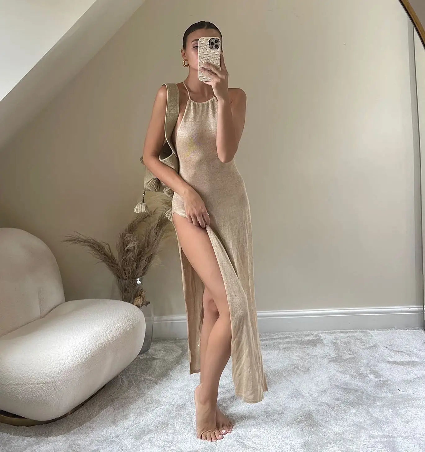 Strandkleid Gestricktes Cover Up Elegant Durchsichtig Maxi Schlitz Bodycon-Schnitt Halter Bikini Cover-Up