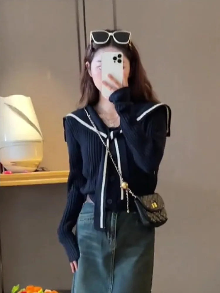 CN Gestreifter Strickcardigan Peter Pan Kragen - Gewicht 120 220 Gramm Quadratmeter, Material Polyester, Lockerer Schnitt