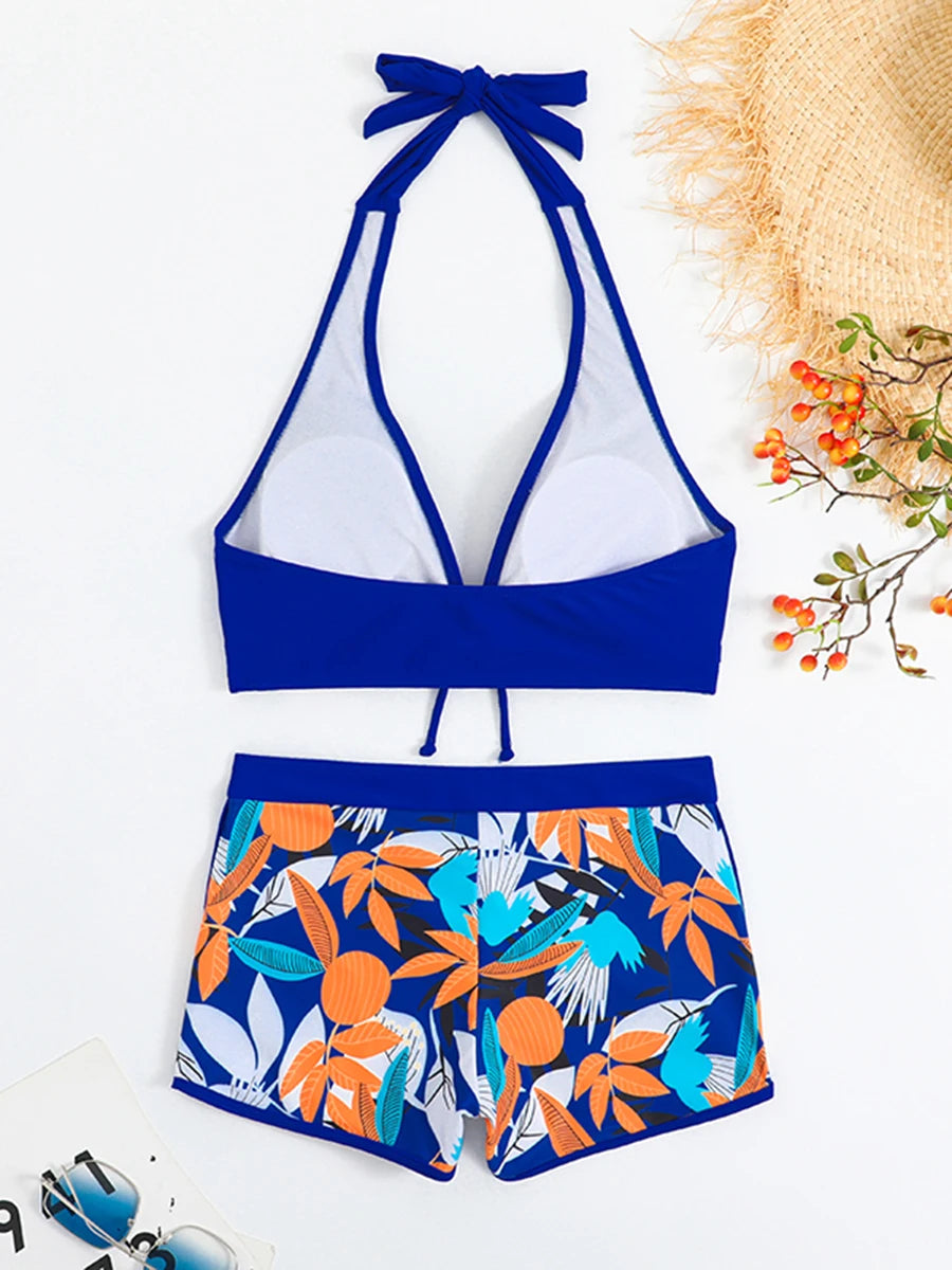 Halter Bikini Set: High Waist Design Wire-Free Support Spandex Polyester - Kurzer Schwimmanzug Frauen Bedruckte Bademode Polsterung Strandmode