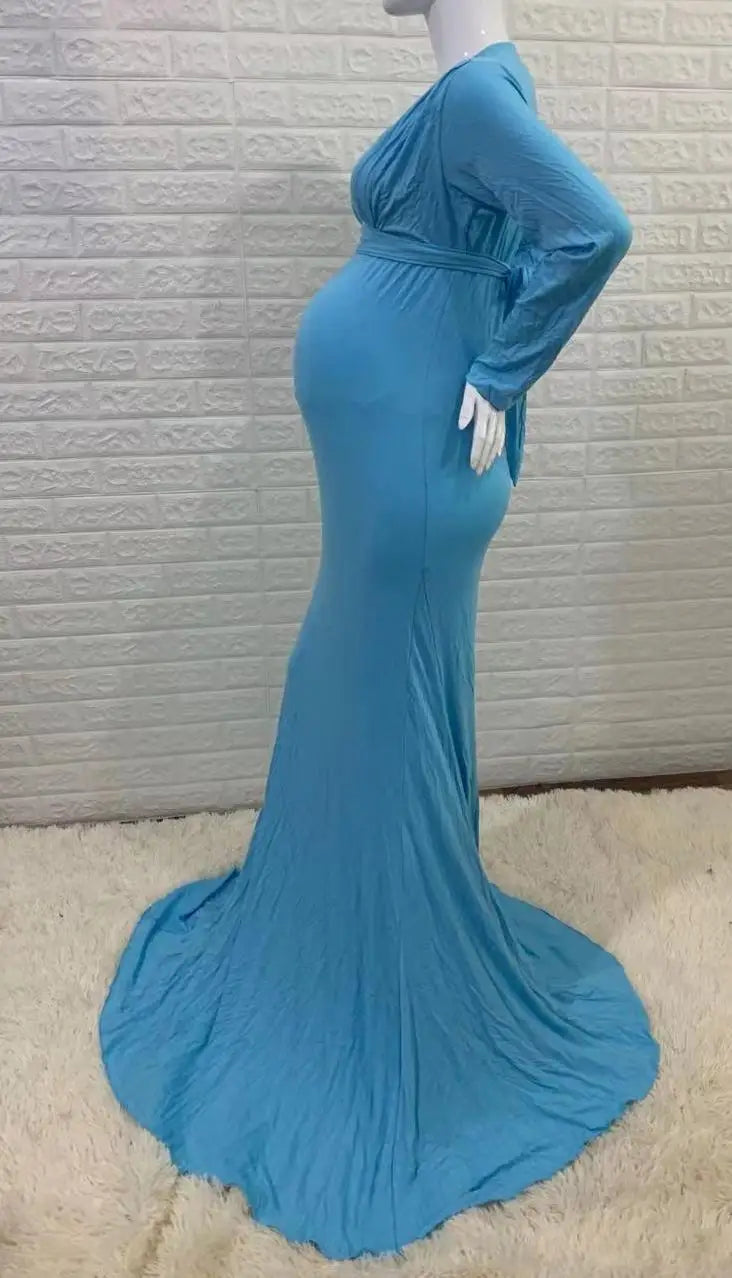 Women's Spring Autumn Maternity Dress Elegant Slim V-Neck Long Sleeve Mermaid Maxi Gowns for Photography Baby Shower Photoshoot