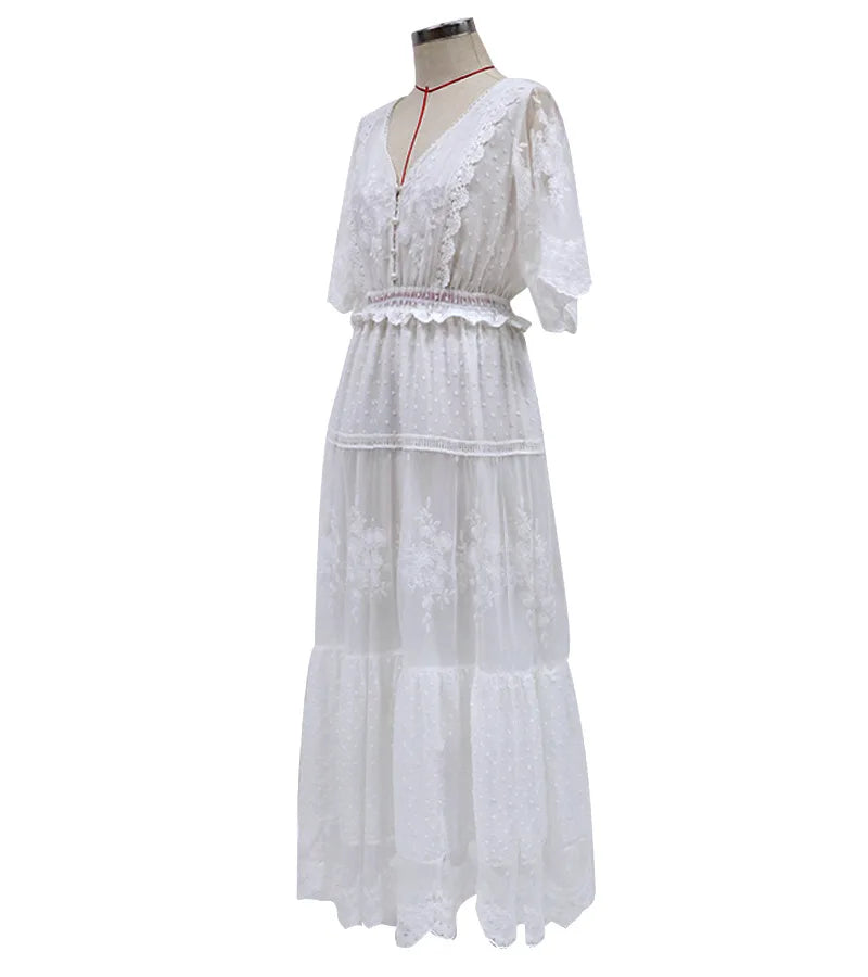 Boho style girl dress white cotton lace sleeveless long summer