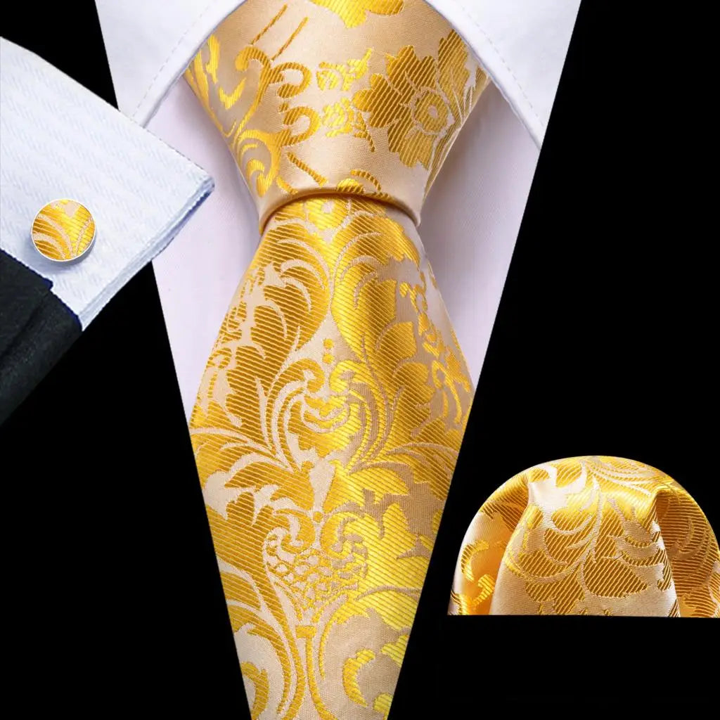 Fashion Silk Men Tie Set Gold Yellow Orange Solid Paisley Striped Plaid Floral Necktie Pocket Square Cufflinks Wedding Business