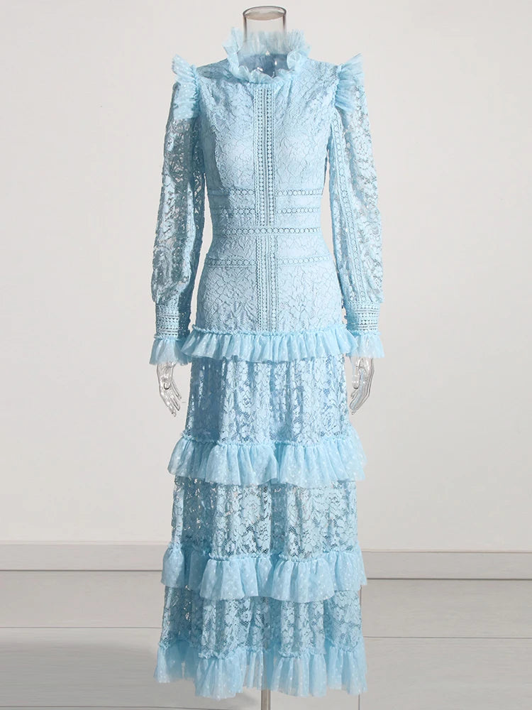 TWOTWINSTYLE Elegant Dresses For Women Stand Collar Long Sleeve High Waist Embroidery Slim Dress Female Fashion Clothing 2023