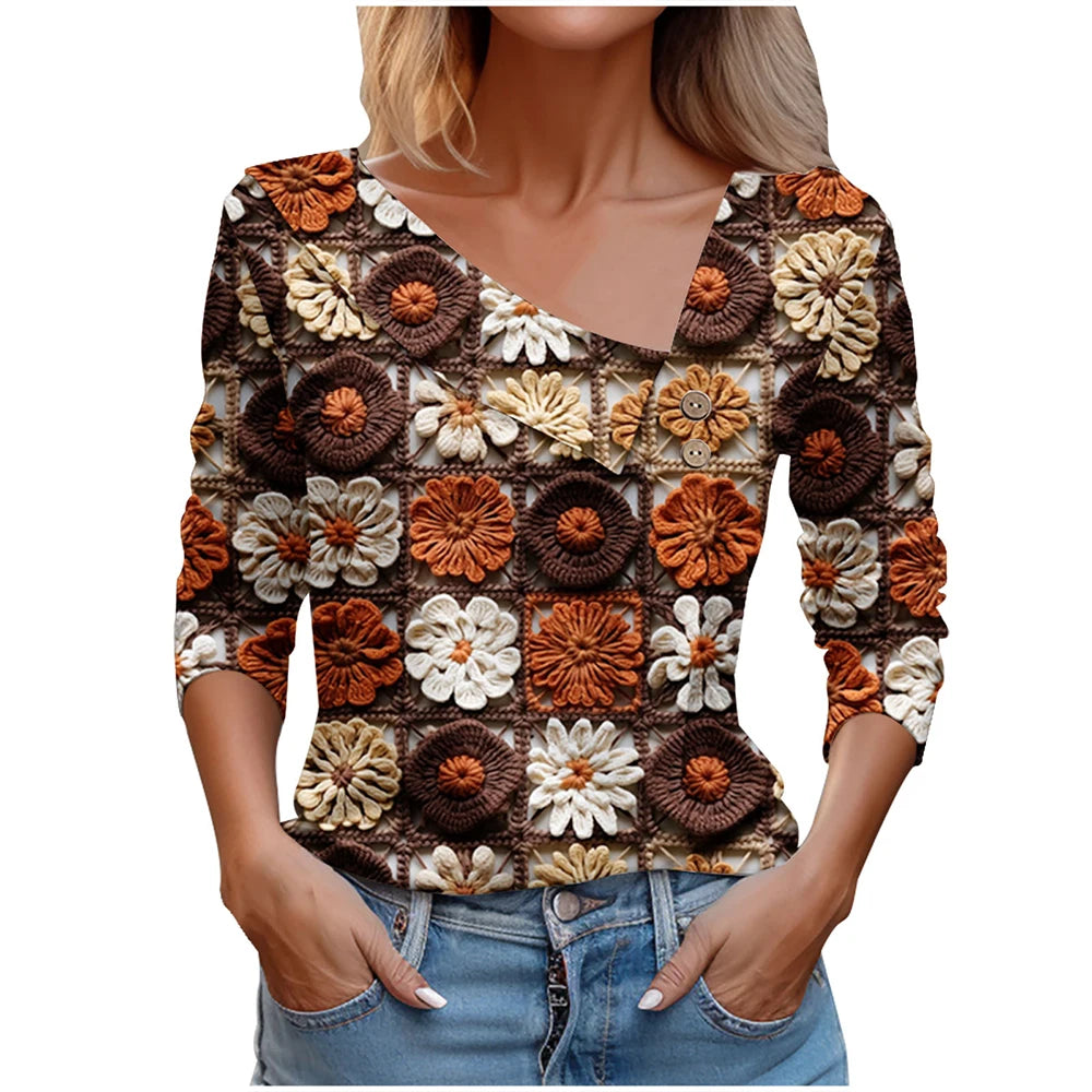T Shirt For Women Fashion Long Sleeve Top White Floral Print Shirts And Blouses 3D Print Clothes For Women 2025 y2k