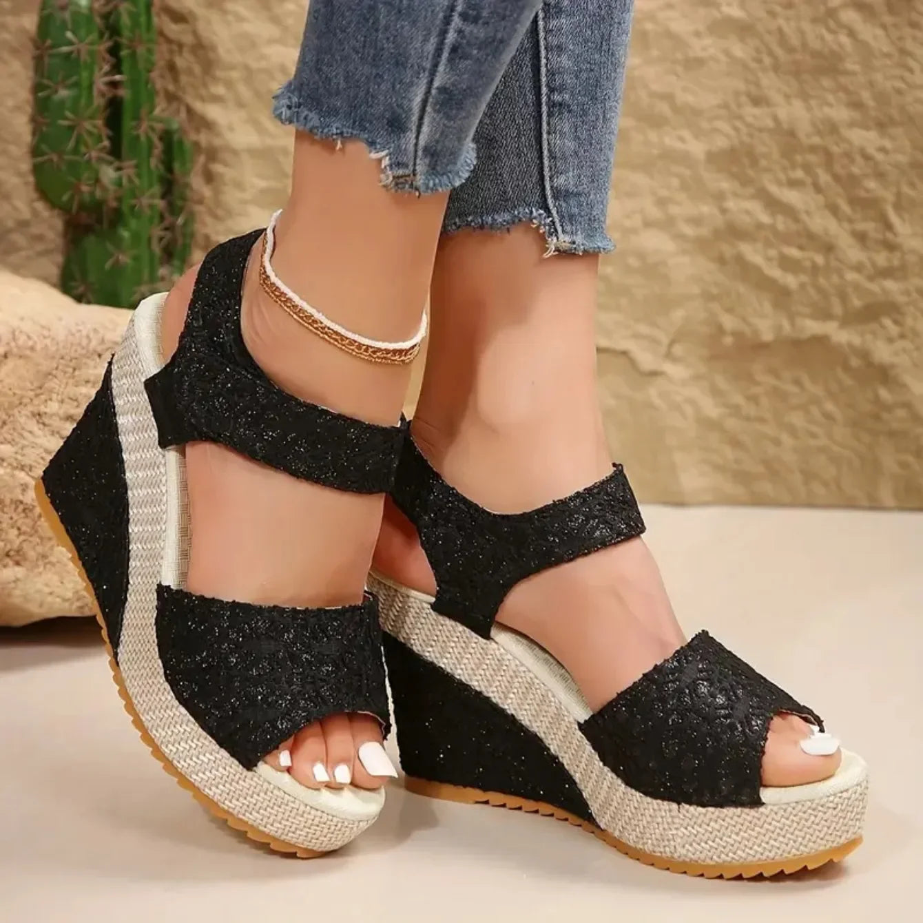 CNMR Damen Keilsandalen 2025 - Peep Toe Plateau Sandalen mit Absatz