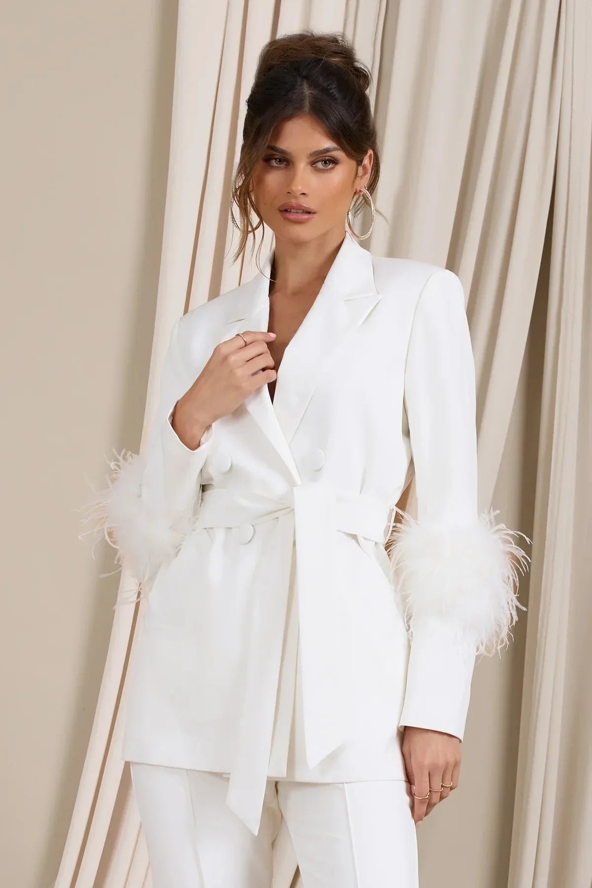 Elegant Women 2 Piece Set Solid Notched Neck Blazer Zipper Long Pants Feather Upright Coat Ladies Suit Fall Winter Office Wear