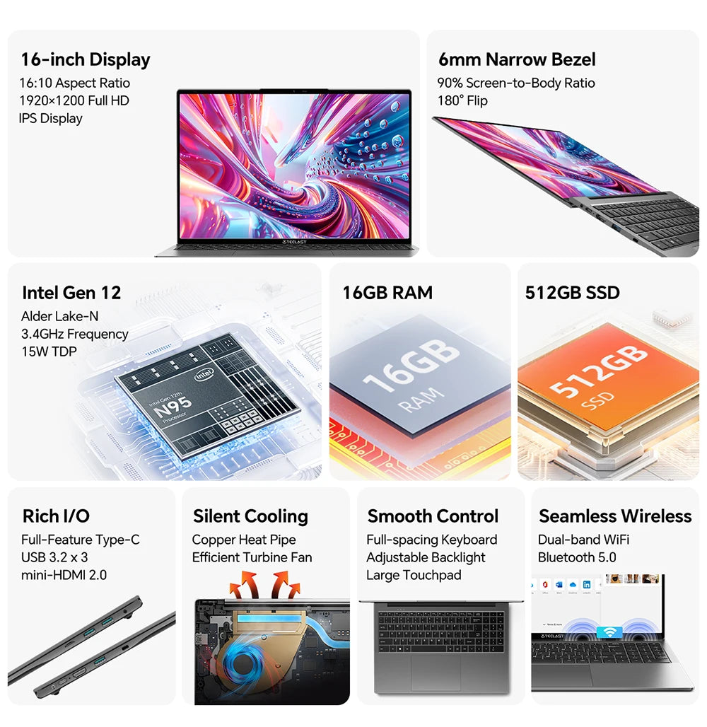 Teclast F16Air Laptop 16.1 Zoll - Intel N95, 16GB RAM, 512GB SSD, FHD IPS Display, Beleuchtete Tastatur