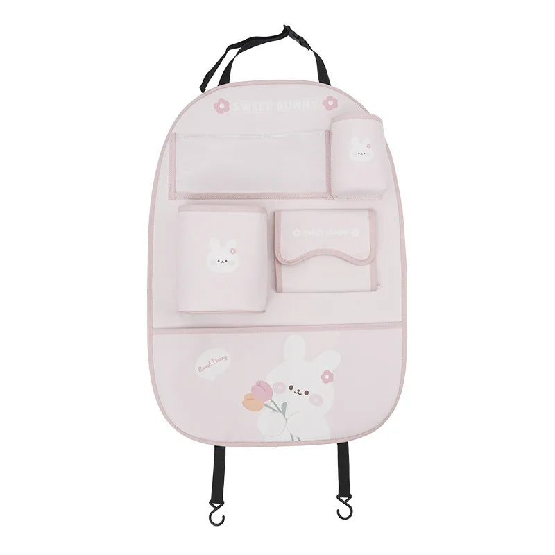 Cute Cartoon Car Seat Back Storage Bag Leather Multifunction Car Backseat Organizer Cup Holder Tissue Holder Anti Kick Pad