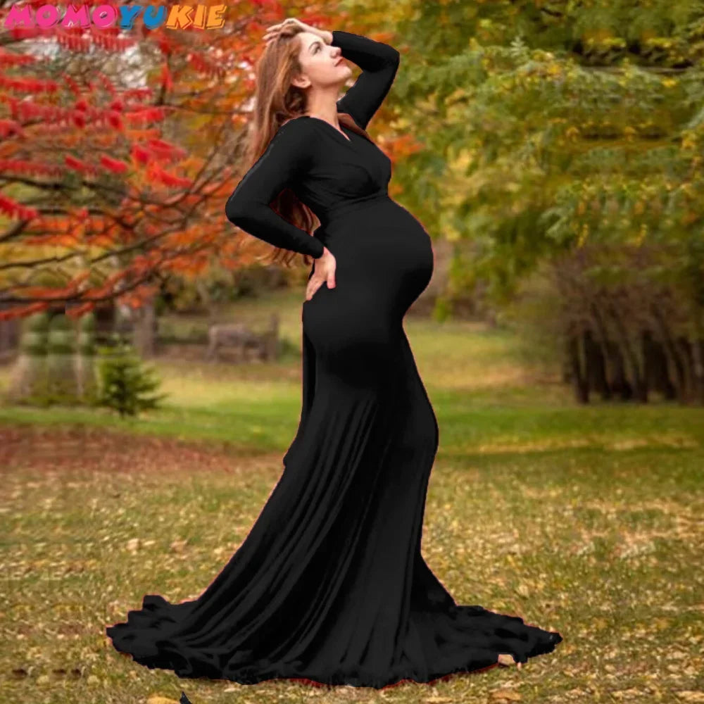 Women's Spring Autumn Maternity Dress Elegant Slim V-Neck Long Sleeve Mermaid Maxi Gowns for Photography Baby Shower Photoshoot