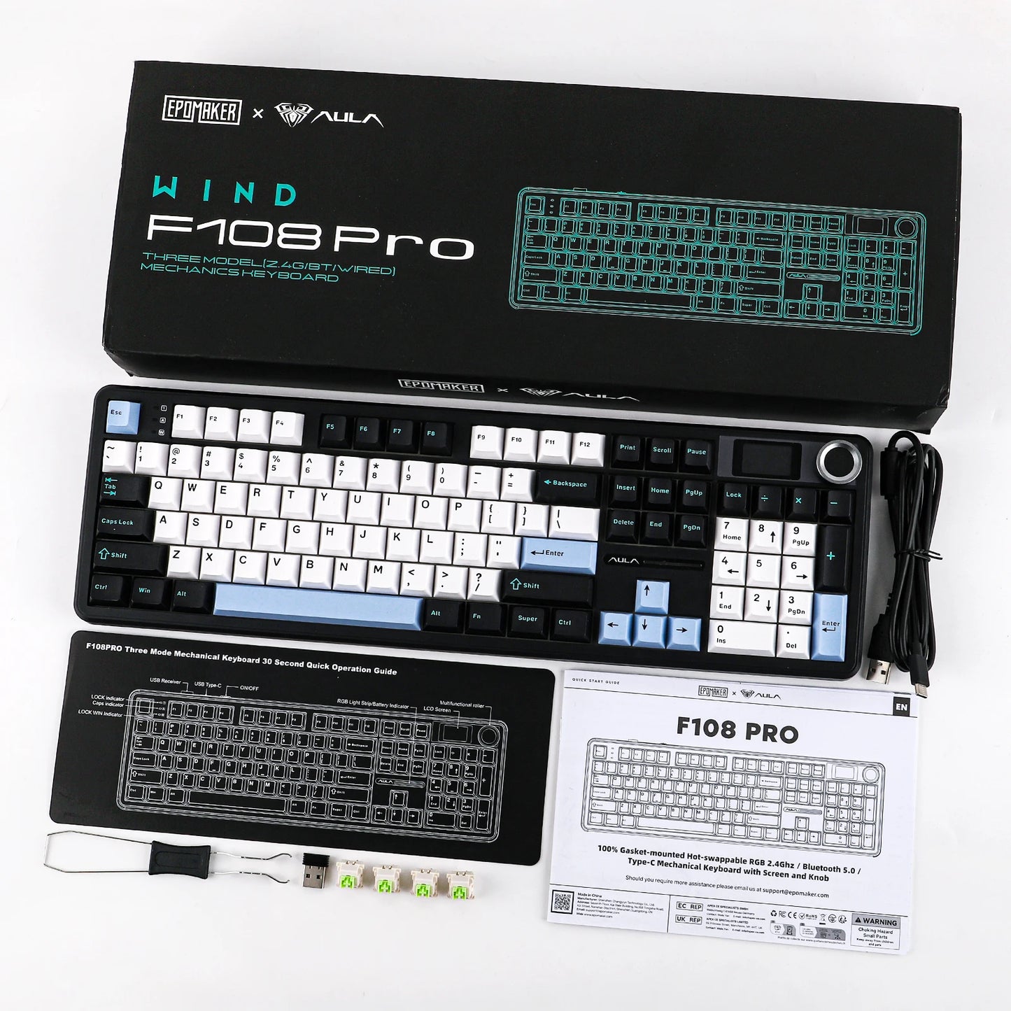 Gaming-Tastatur 2025: EPOMAKER X AULA F108 PRO Full Size 100% ANSI Layout - Hot Swap Wired/2.4GHz/Bluetooth Wireless Mechanical Keyboard RGB Backlight Collection