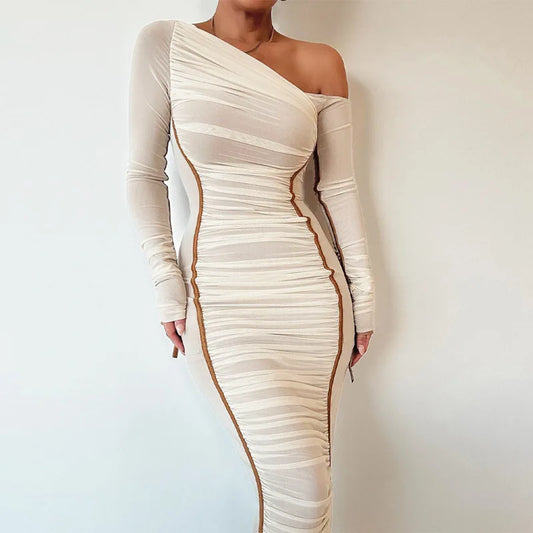 Elegant Women Dresses Diagonal Collar Long Sleeve Two Layer Mesh Backless Pleated Bodycon Sexy Club Party Evening Dress