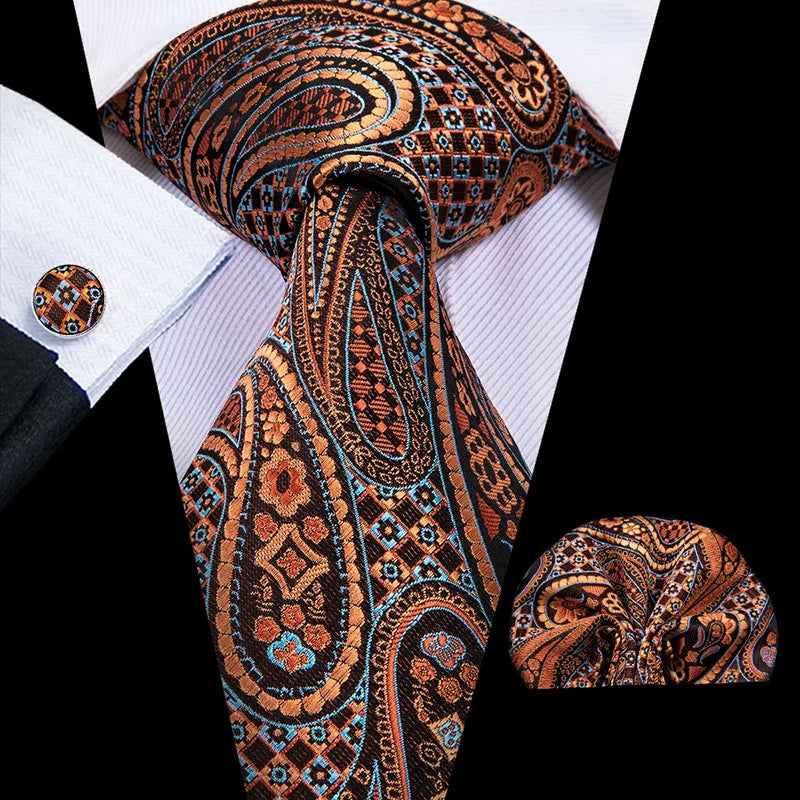 Hi-Tie Seiden-Herren-Krawatten-Set Blumenmuster Gelb Gold Krawatten und Taschentücher Manschettenknöpfe-Set Herren-Hochzeits-Party-Anzug-Mode-Halskrawatte C-3053