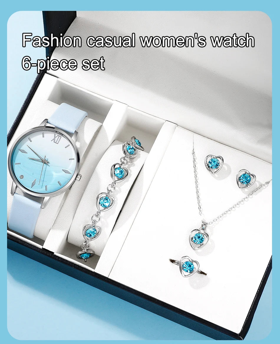 Moda 6er Set Quarz Uhr Damen - Blau Strass Leder 18mm