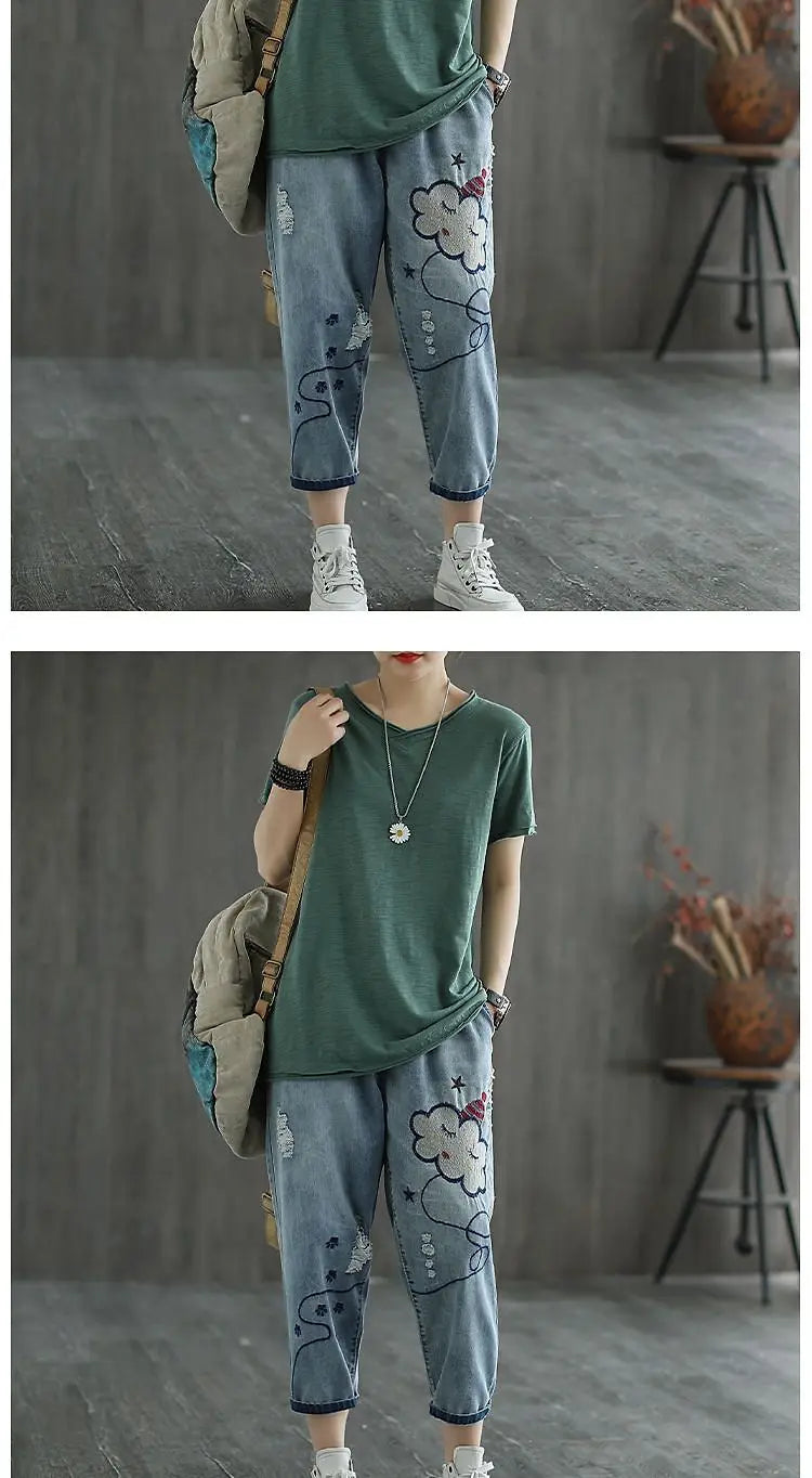 Embroidered Jeans Women Spring and Summer New Cropped Retro Casual Oversized Loose High Waisted Embroidered Slim and Versatile
