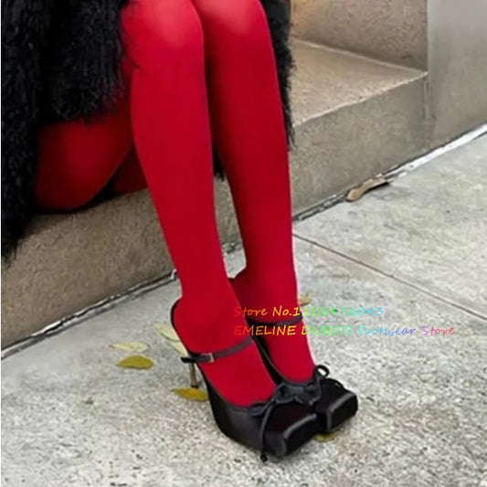 Elegant Women's Formal Shoes Square Toe Bow Tie High Heels Golden Elastic Strap Summer Vintage Mary Janes elegant Party Shoes