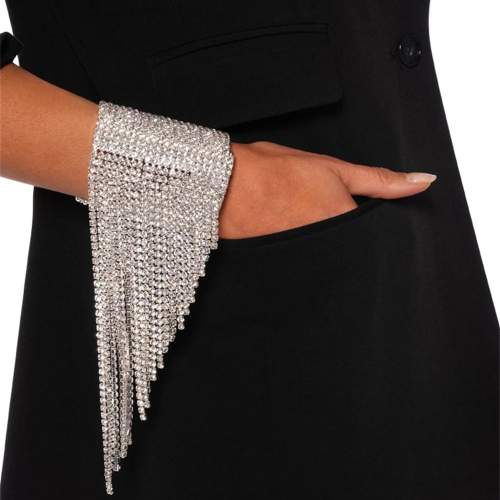 Mode Große Strass Manschette Armband Für Frauen Mädchen Funkelnd Glänzend Elegant Lange Quaste Design Bühne Party Handgelenk Schmuck