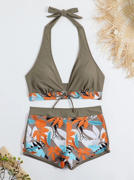 Halter Bikini Set High Waist Design Wire-Free Support Spandex Polyester Kurzer Schwimmanzug