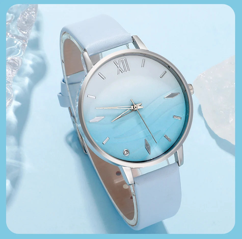 Moda 6er Set Quarz Uhr Damen - Blau Strass Leder 18mm