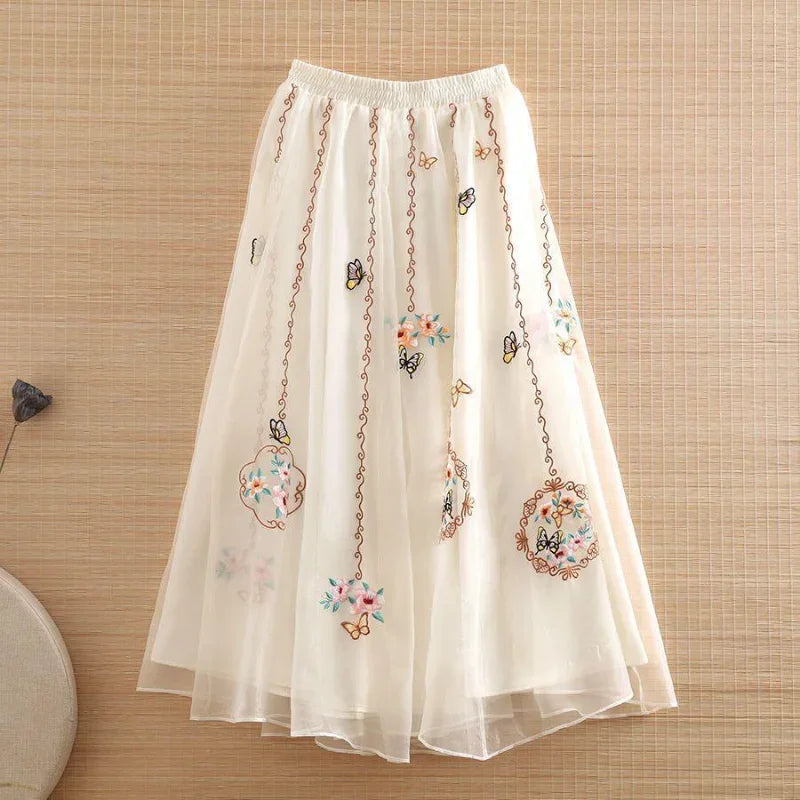 Embroidery Floral Women Pleated Skirts 2023 New Chinese Style High Waist Loose A-LINE Spring/Summer Retro Skirt