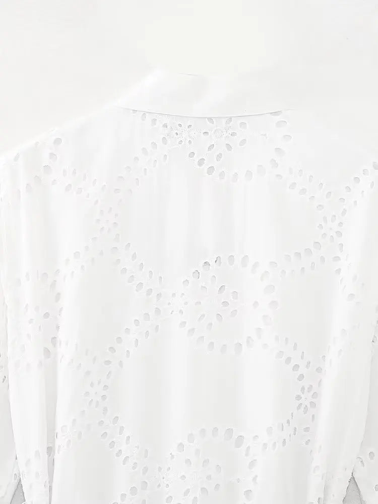Elegant Embroidered White Dress Women Chic Lapel Long Sleeve High Waist Lace Up Maxi Dresses Fashion Female Hollow Out Vestidos