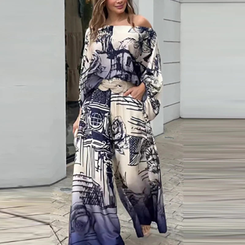 Elegant Women Two Piece outfit Ladies Temperament Button Long Sleeve Shirt&Wide Leg Pants Suit Fashion Pattern Print Office Set