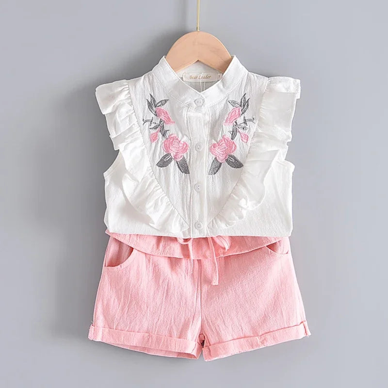 Bear Leader Neuer Sommer Casual Kinder Sets Chiffon Blumen Blau T-Shirt Hosen Mädchen Kleidung Sets Kinder Sommer Set für 3-7 Jahre
