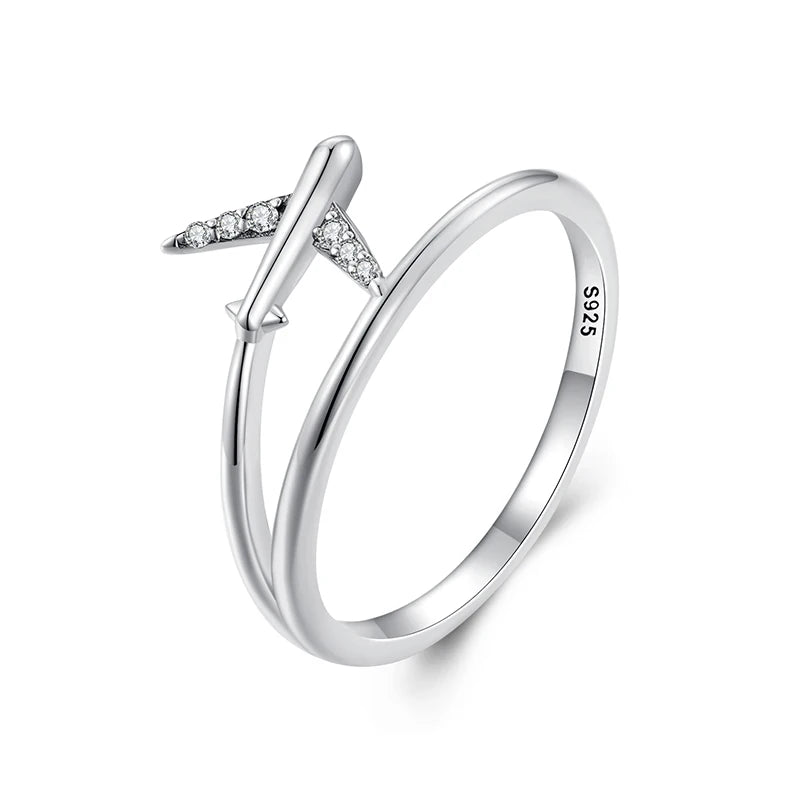 WOSTU 925 Sterling Silver Platinum Airplane Double layer Rings Women Shiny Zircon Aircraft Ring Party Jewelry Girl Holiday Gift