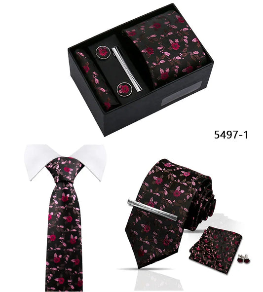 Elegant Men's Suit Necktie Gift Box Set Floral Tie Handchief Cufflinks Tie Clip 4-Piece Business Wedding Party Suit Accessories