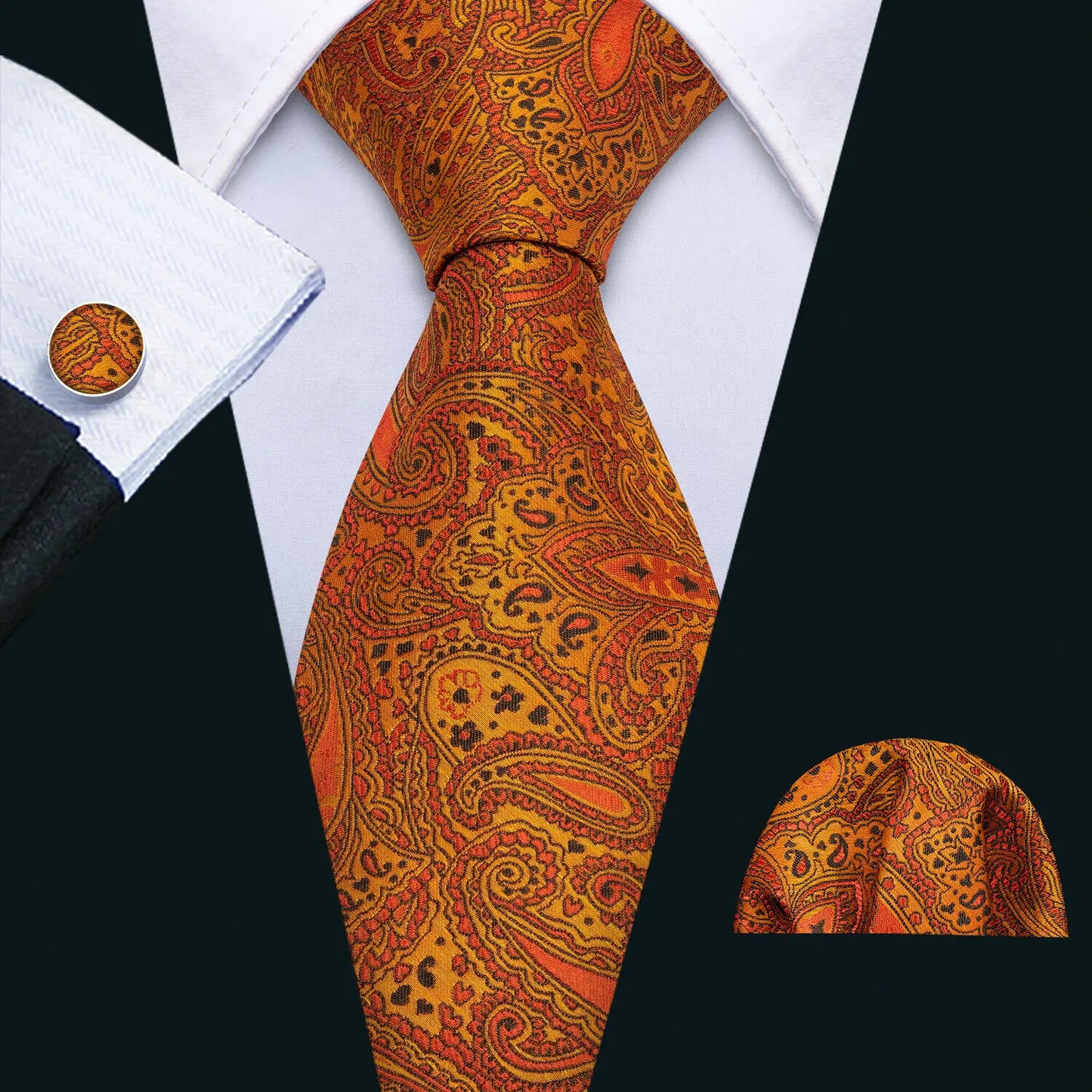 Fashion Silk Men Tie Set Gold Yellow Orange Solid Paisley Striped Plaid Floral Necktie Pocket Square Cufflinks Wedding Business