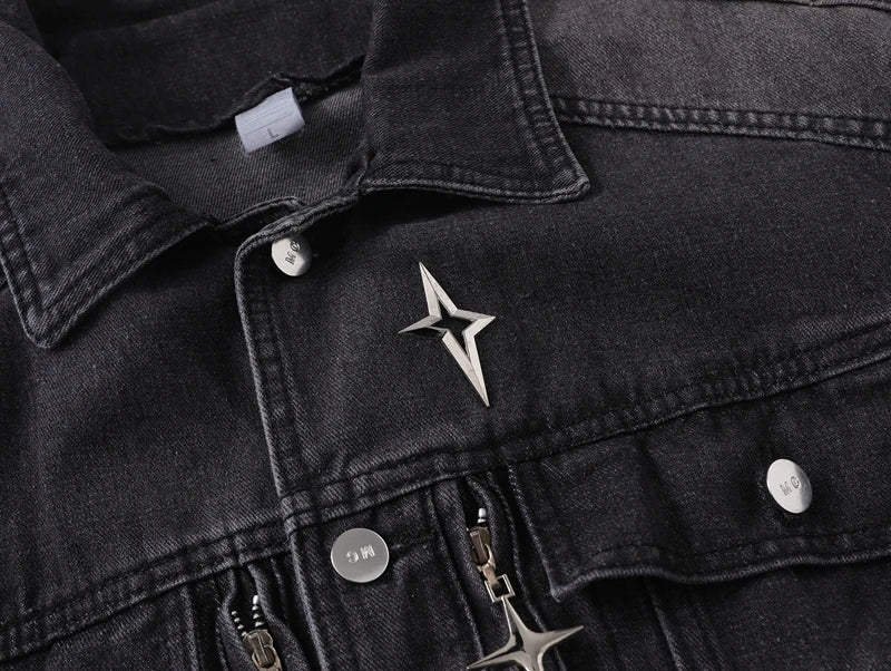 Washed Black Cargo Denim Jacket Men Baggy Zip Up Distressed Outerwear American High Street Blue Loose Casual Jeans Jacket