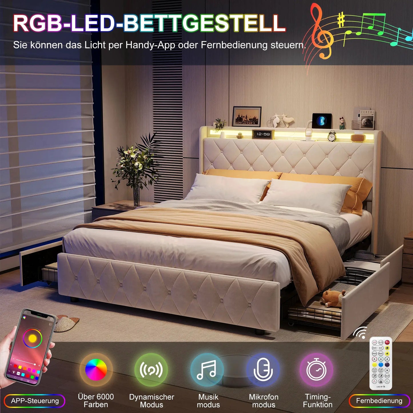 Gepolstertes Bett LED Beleuchtung USB Ladeanschluss Vier Schubladen