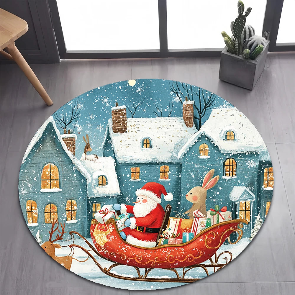 Cute Santa Claus Merry Christmas Tree Cartoon Festival Gift Round Carpet Rug for Bedroom Living Room Decoration,Decor Floor Mat